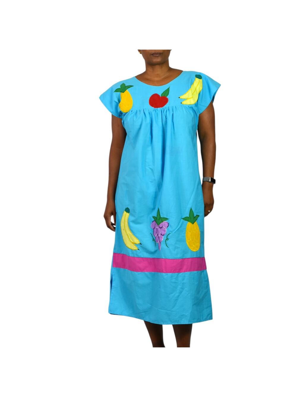 Vintage Handmade Fruit Applique Dress Blue Midi Patio House Sack Muumuu Medium
